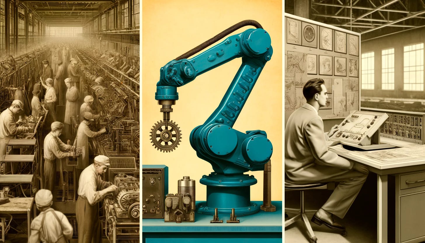 A triptych depicting three scenes from the 1960s, arranged side by side: 1. Factory assembly line workers manually assembling products at a conveyor belt in an industrial setting. 2. A close-up of an early industrial robot arm, not in use, showcased in a factory environment. 3. Robotics engineers in a lab setting, designing and programming robotic arms, surrounded by technical blueprints and computer equipment.