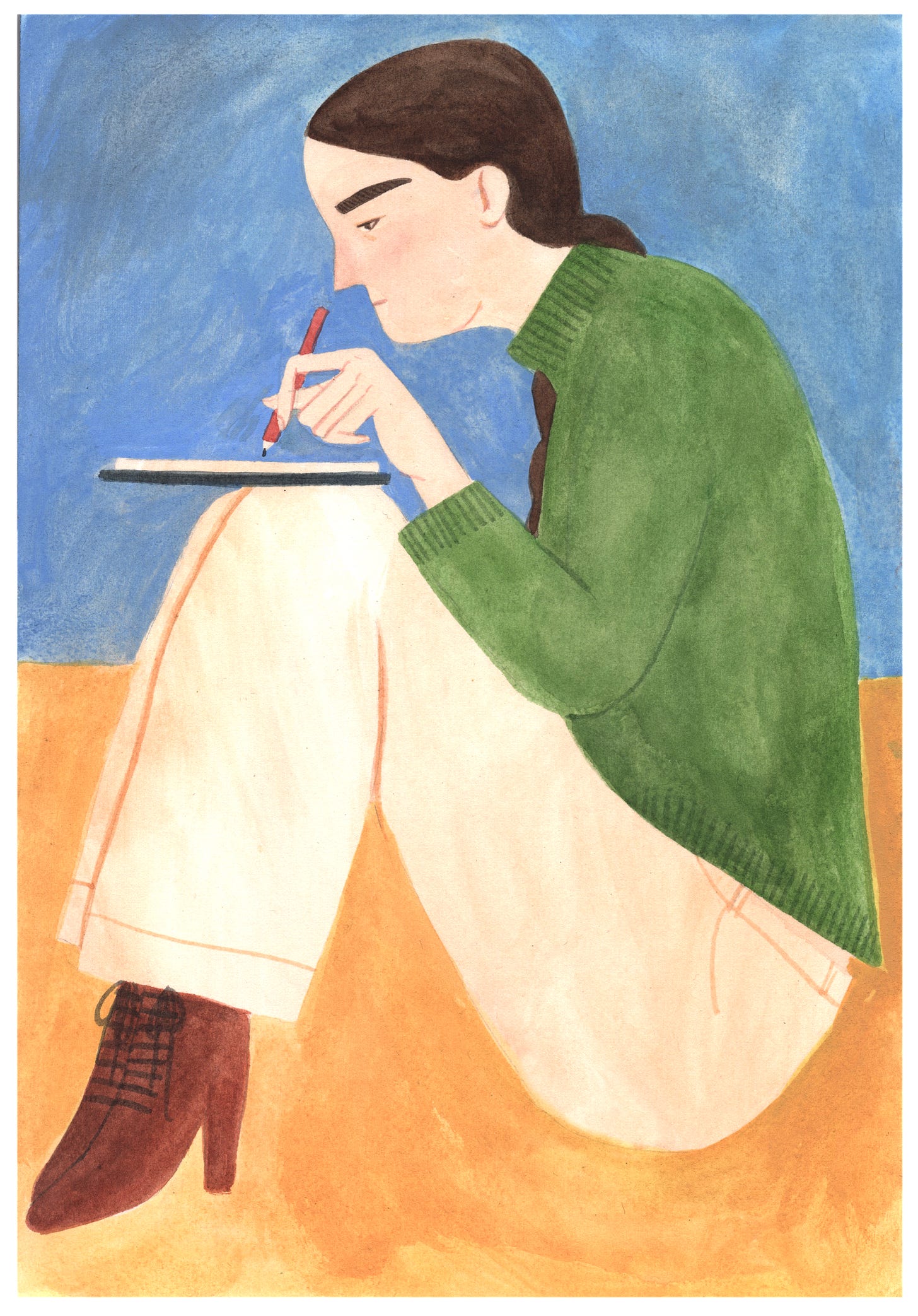 A watercolour painting of a woman who is sat writing on a notebook that is resting on her knees. She wears a green jumper and has brown lace up boots. 