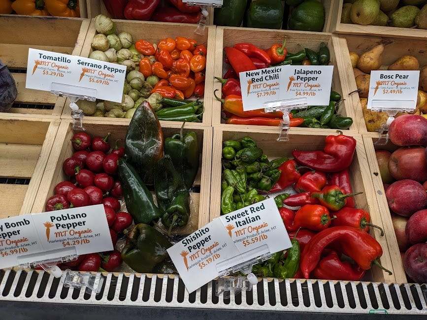 a display of multi-colored montana-grown peppers