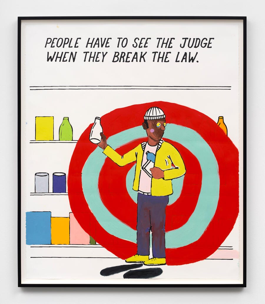 A painted-over coloring book. The caption says "PEOPLE HAVE TO SEE THE JUDGE WHEN THEY BREAK THE LAW" over a figure painted to be Black, a target over his abdomen