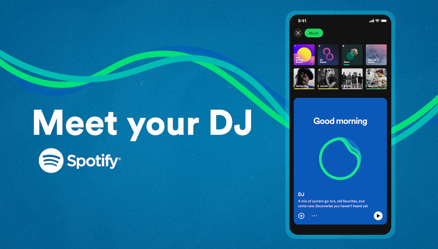 Spotify’s press kit art, which shows the DJ feature available in the Music tab. To the left, the heading above the Spotify logo reads “Meet your DJ” Spotify’s press kit art, which shows the DJ feature available in the Music tab. To the left, the heading above the Spotify logo reads “Meet your DJ”