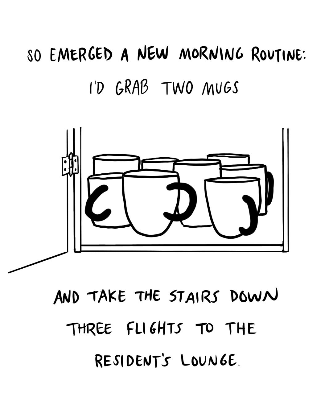 So emerged a new morning routine: I’d grab two mugs and take the stairs down three flights to the residents lounge.