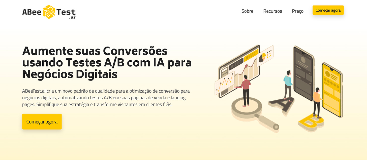 Proposta de valor na primeira dobra da landing page do AbeeTest.ai