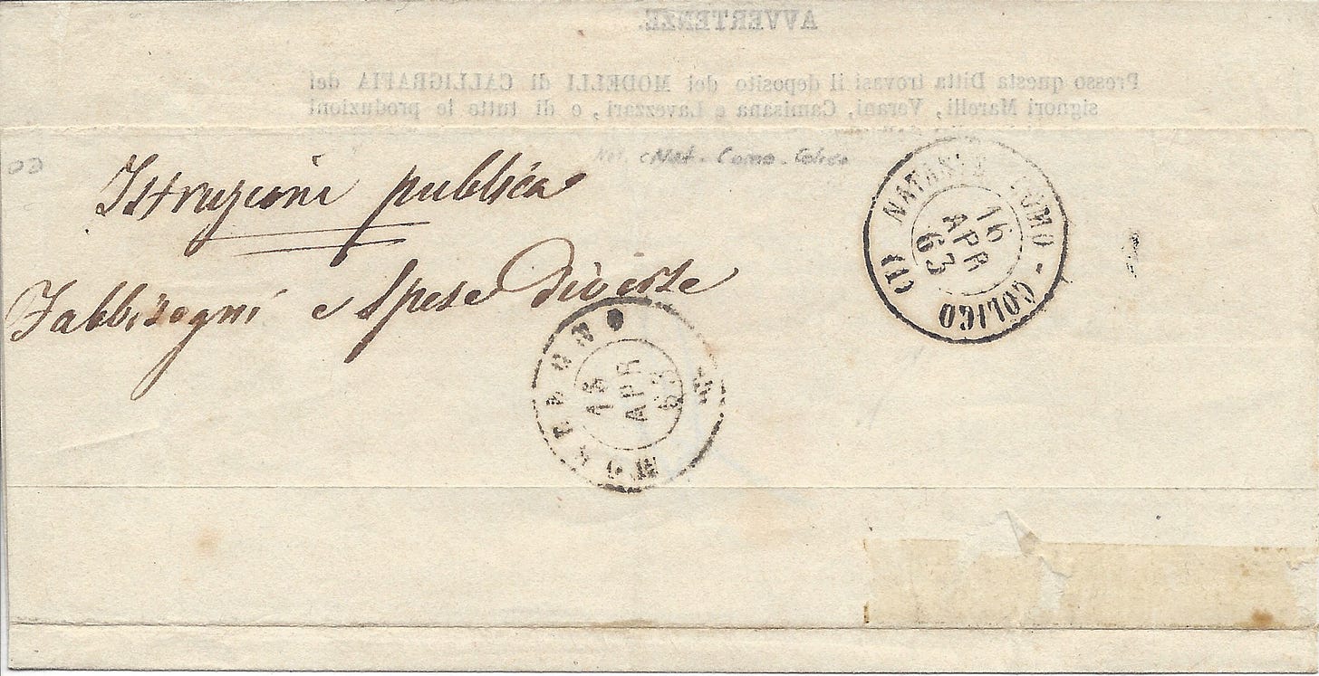 Reverse of the 1863 printer matter item