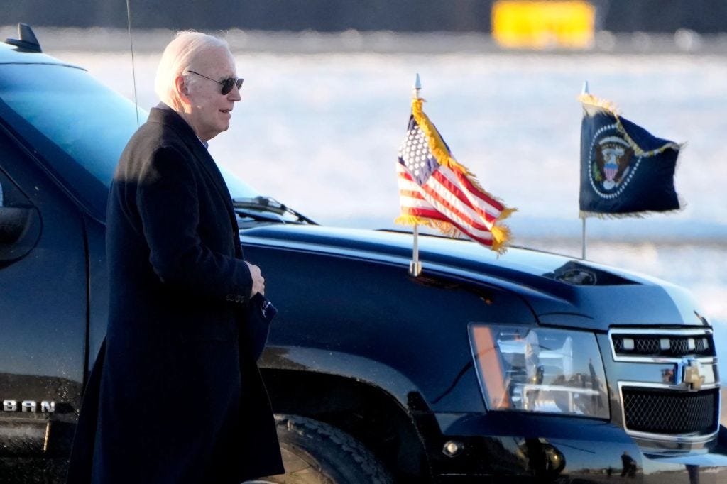 President Joe Biden arrives at Delaware Air National Guard Base in New Castle, Del., Sunday, Jan. 21, 2024, for a helicopter ride to Rehoboth Beach, Del. (AP Photo/Mark Schiefelbein)