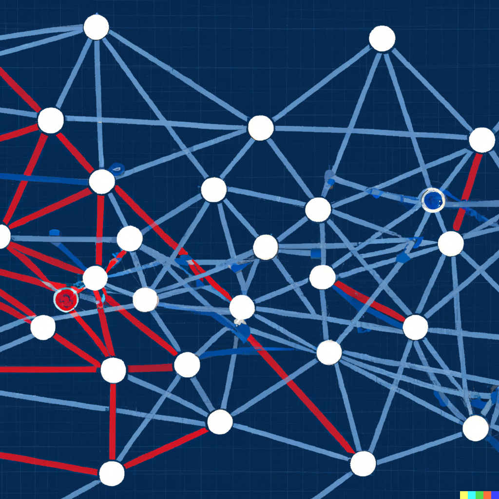 “a blue and red map of network connections” / DALL-E