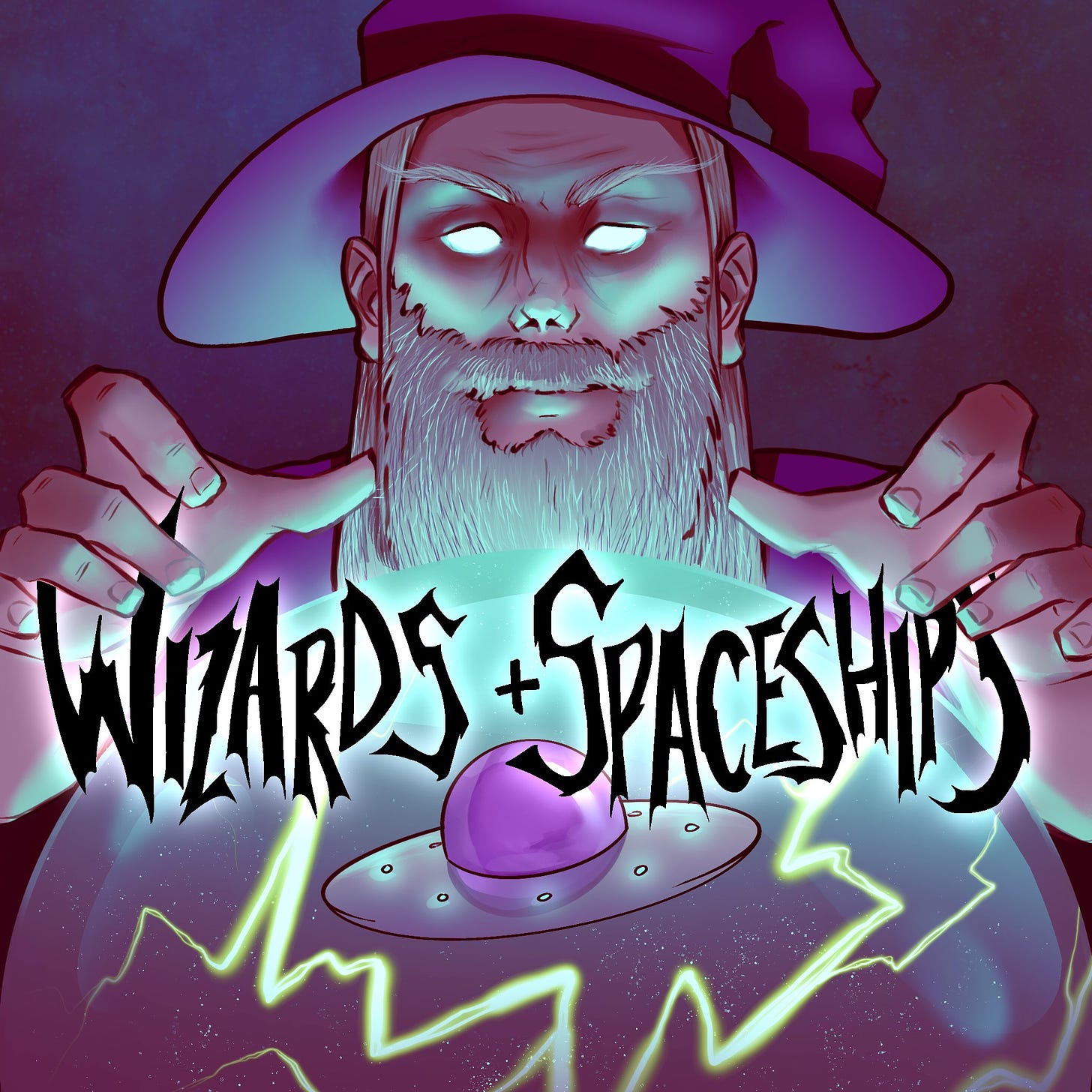 The wizards & spaceships logo with an extremely metal wizard in a purple hat casting lightning on a ufo trapped in an orb. Sick.