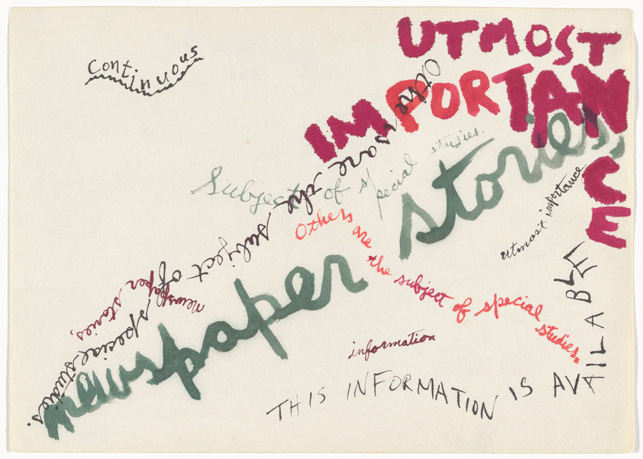 Jackson Mac Low. Drawing-Asymmetry #5. 1961. Ink and colored ink on paper, 8 9/16 x 11 7/8″ (21.7 x 30.2 cm). The Museum of Modern Art, New York. The Gilbert and Lila Silverman Fluxus Collection Gift, 2008. © 2014 The Estate of Jackson Mac Low