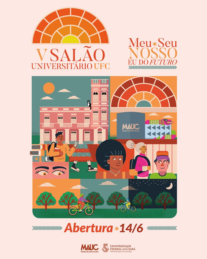 Peça gráfica de divulgação do 5º Salão Universitário UFC. Acima, consta a marca gráfica da exposição, que é uma semicircunferência subdividida por traços brancos imitando o vitral da estrutura arquitetônica do Museu de Arte da UFC; na região interna das subdivisões, estão presentes as cores amarela e tons de laranja. Na parte central, constam vários elementos gráficos representantes da UFC, do Mauc e de estudantes universitárias: o prédio da Reitoria; um vitral; a fachada do Mauc com um dragão e o mural de Zenon Barreto; um gato; diversas pessoas paradas, caminhando ou pedalando; três quadros ilustrando o dia, a tarde e a noite.   