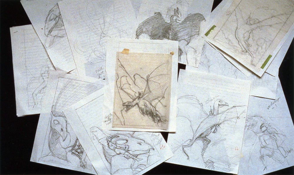 Sketches on the back of manuscript pages spread out.