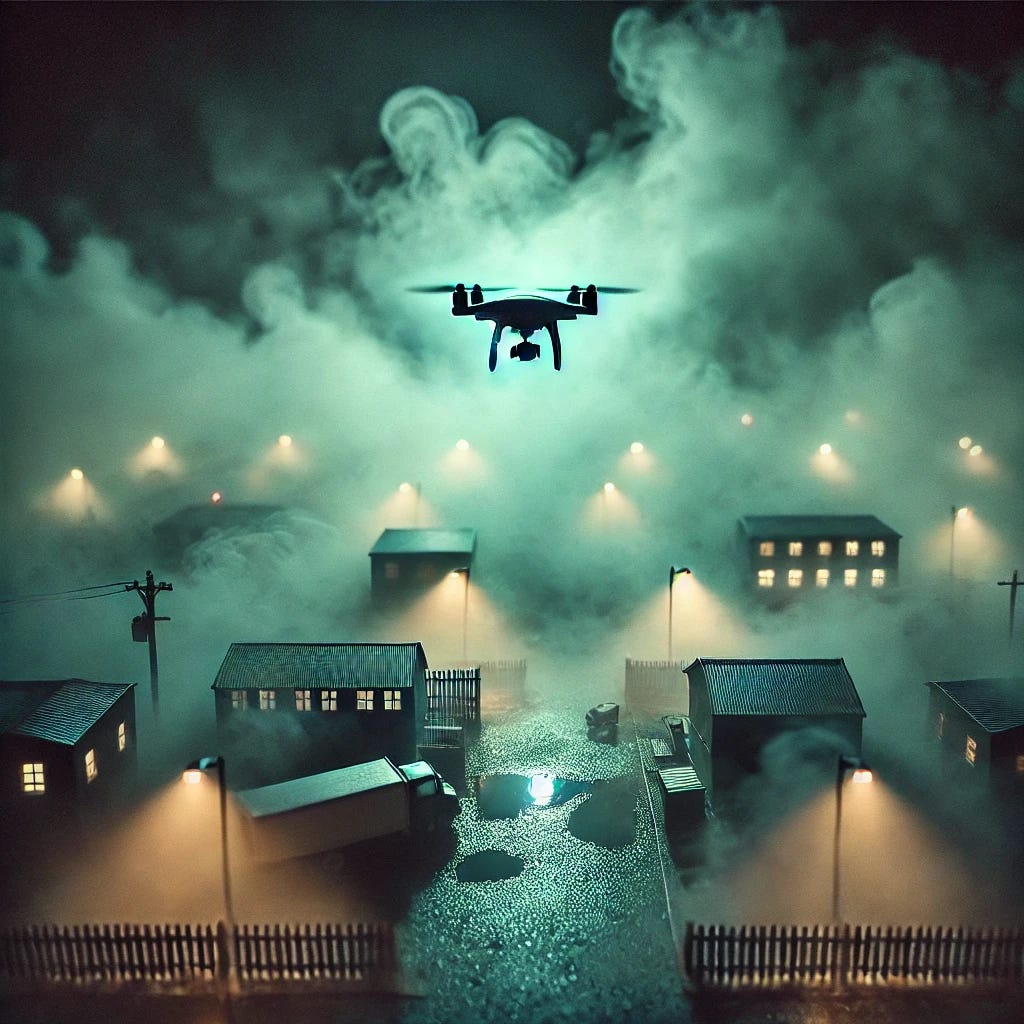 An ominous visual of a dense, mysterious fog enveloping a small urban area at twilight. The fog has a slightly greenish hue, adding an unsettling tone. In the background, drones hover with faint blinking lights, partially obscured by the fog. The scene conveys an eerie and untrustworthy atmosphere, with dim streetlights barely piercing through the mist. The environment is damp and quiet, with glistening pavement reflecting the foggy ambiance.