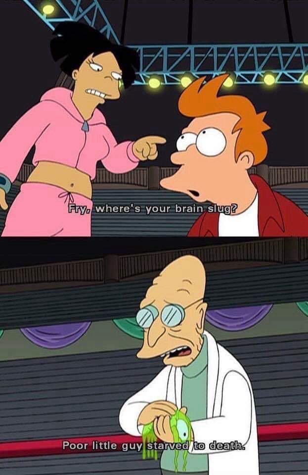 Screenshot from Futurama. Amy asks Fry "Where's your brain slug?" The Professor holds up the dead brain slug and says, "Poor little guy starved to death."