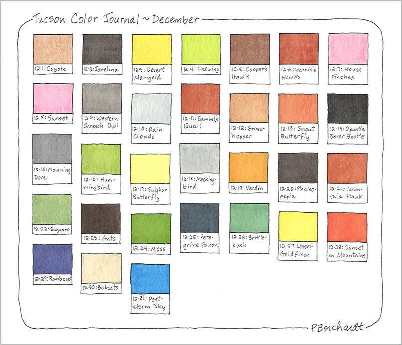Tucson Color Journal ~ December (pen & watercolor), showing 31 different colors of nature I saw in/from my yard in Tucson, AZ, in December
