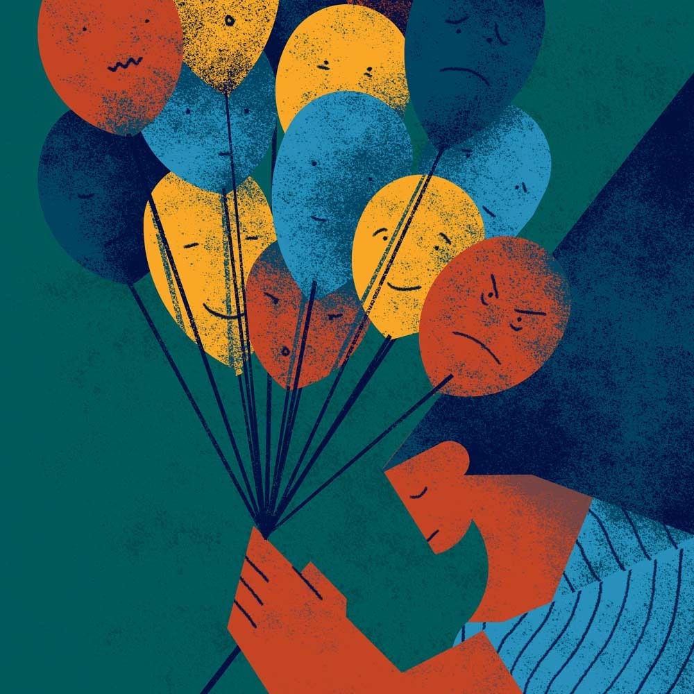 Illustration of a woman carrying several balloons, each balloon has a different face representing the many attitudes she can choose.