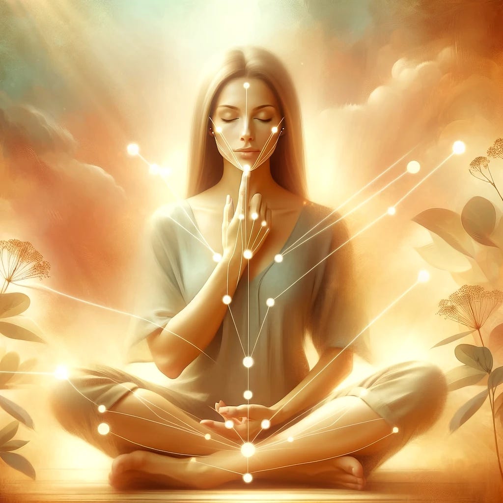 A serene image depicting the practice of tapping (EFT). Visualize a peaceful setting with an individual in a calm, meditative posture, gently tapping on acupressure points on their face and hands. The background could include soft, warm colours, and elements of nature like soft sunlight filtering through leaves, to convey a sense of relaxation and stress relief.