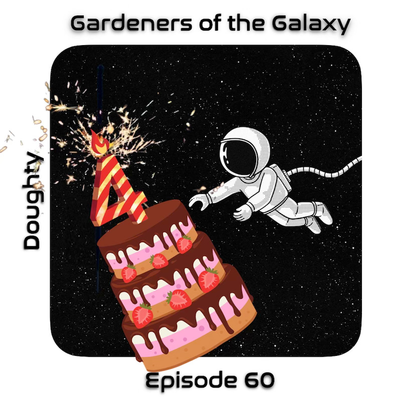 Episode 50 mission patch artwork, with a spacewalking astronaut reaching for a really big cake