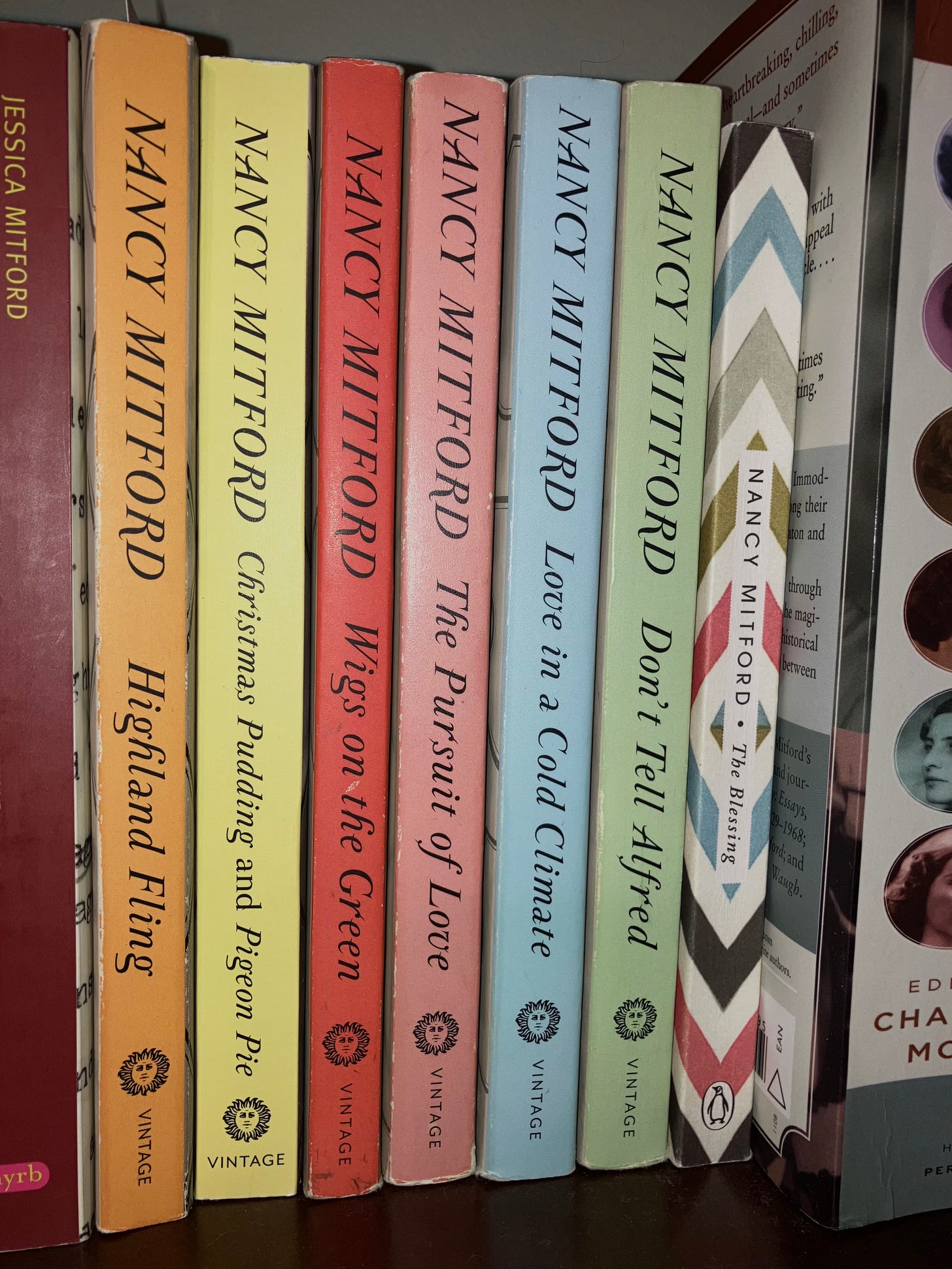 Photo of the spines of Nancy Mitford's novels