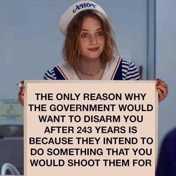 THE ONLY REASON WHY 
THE GOVERNMENT WOULD 
WANT TO DISARM YOU 
AFTER 243 YEARS IS 
BECAUSE THEY INTEND TO 
DO SOMETHING THAT YOU 
WOULD SHOOT THEM FOR 