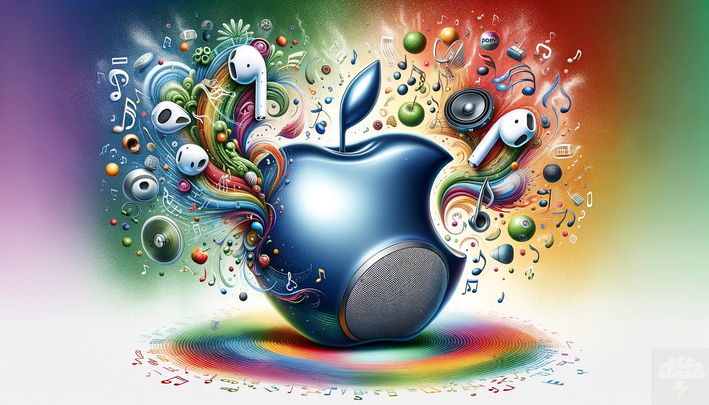 An illustration symbolizing the fusion of music and technology, featuring whimsical elements. The central focus is a large, shiny apple, representing Apple Music