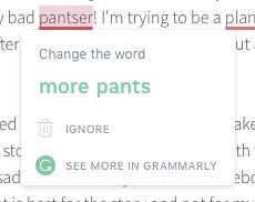 Grammarly suggests replacing "pantser" with "more pants"