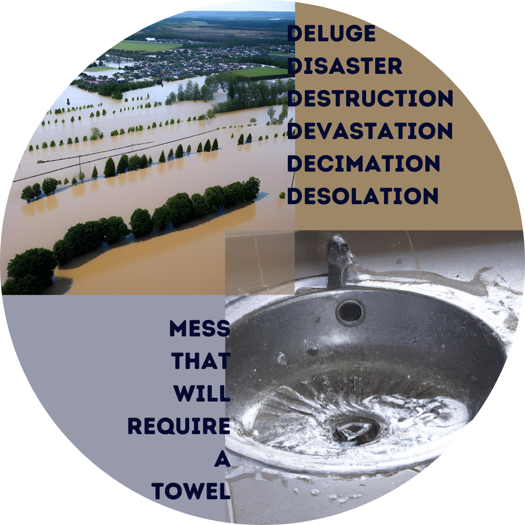 A circular image of a flooded countryside with trees sticking out of brown water catacorner to an image of a bathroom sink with water splashed around it. Next to the flood there is a brown block that reads “deluge, disaster, devastation, destruction, decimation, desolation.” Next to the sink is a gray block that reads, “Mess that will require a towel.” 