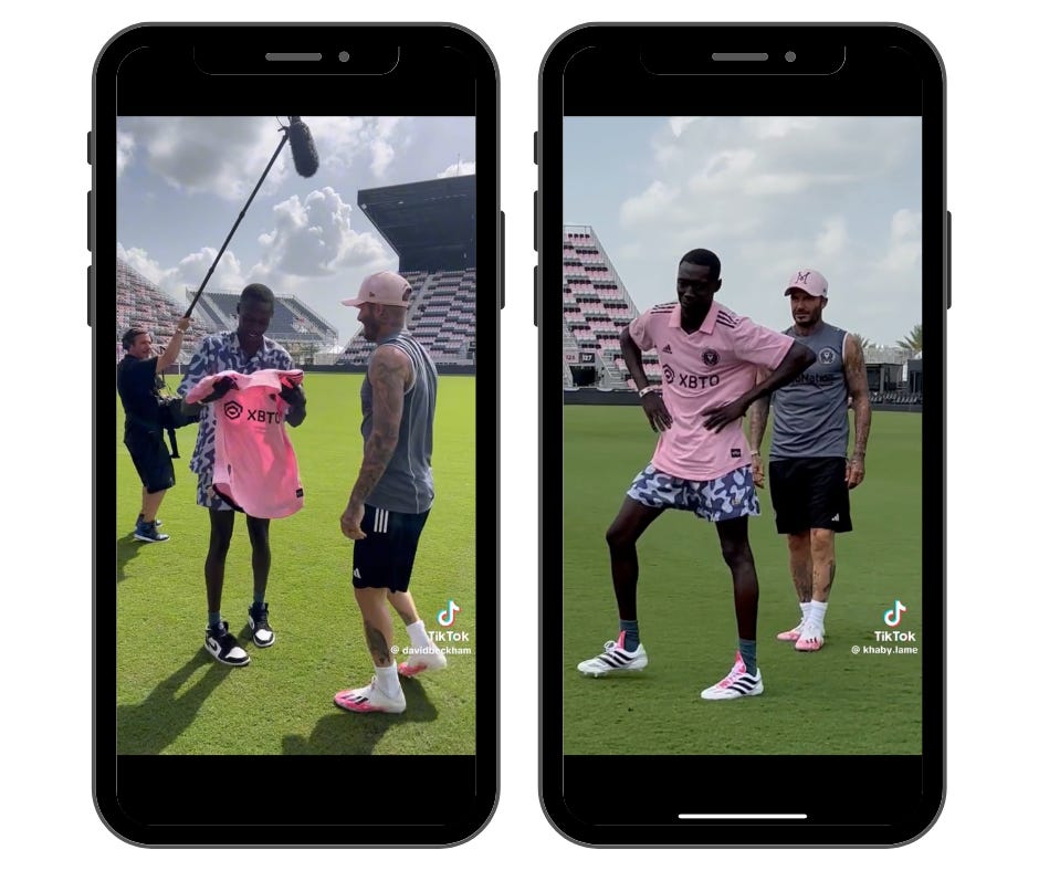 Two mobile screen images showing TikTok videos. The first features a behind the scenes moment with David Beckham hugging Khaby Lame as part of a campaign for Inter Miami. The second screen shows a produced David Beckham and Khaby Lame skit as Khaby prepares to kick the soccer ball.