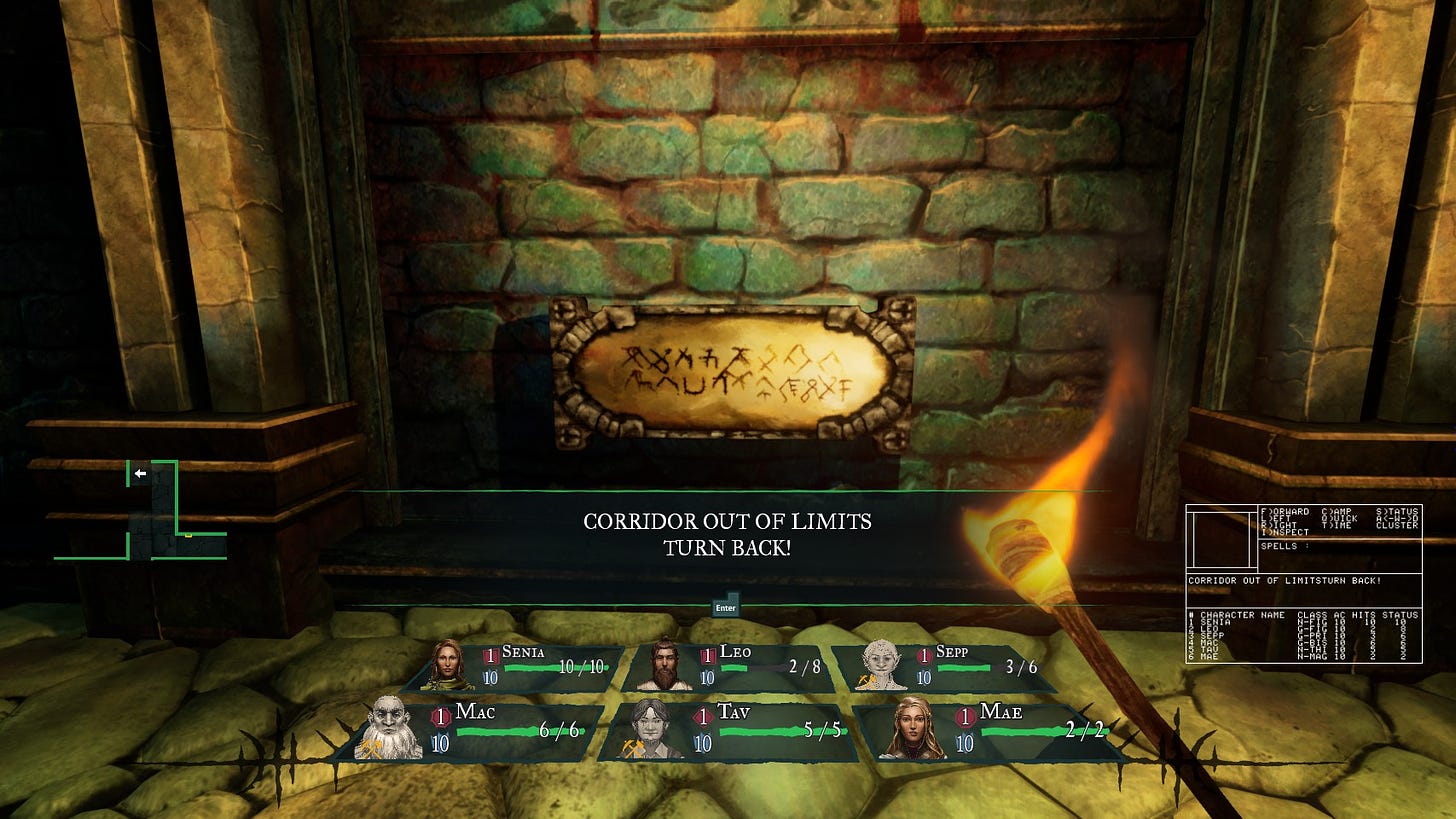 A screenshot of the game Wizardry: Proving Grounds of the Mad Overlord showing a sign in the Maze saying "CORRIDOR OUT OF LIMITS. TURN BACK!"