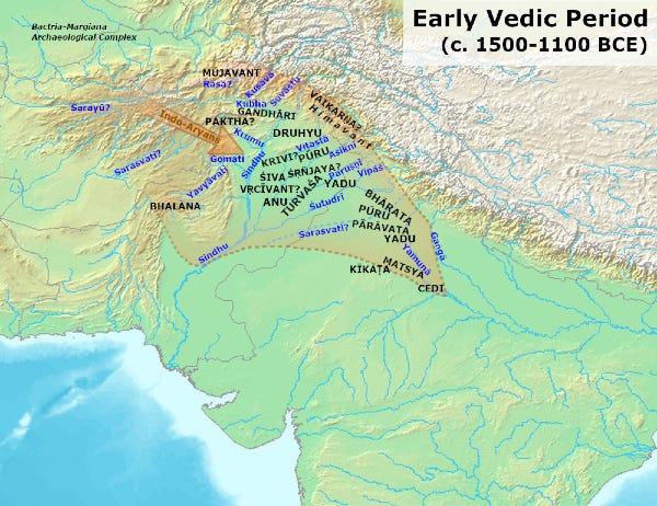 Map of the Indo-Iranian or Indo-Aryan movement into India 1500 - 1100 BC