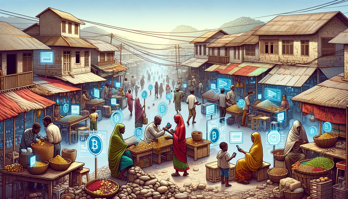 A depiction of tokenization in a third-world country, focusing on how it impacts and integrates into less affluent communities. The scene illustrates a bustling street market with people of various descents, where traditional commerce coexists with digital advancements. Small vendors and local entrepreneurs are shown using basic smartphones and other affordable digital devices for transactions, symbolizing the adoption of tokenization in everyday life. The environment reflects a blend of old and new, with rustic stalls and shops contrasted against digital displays and token-based transaction signs, showcasing the reach of digital finance even in underprivileged areas.