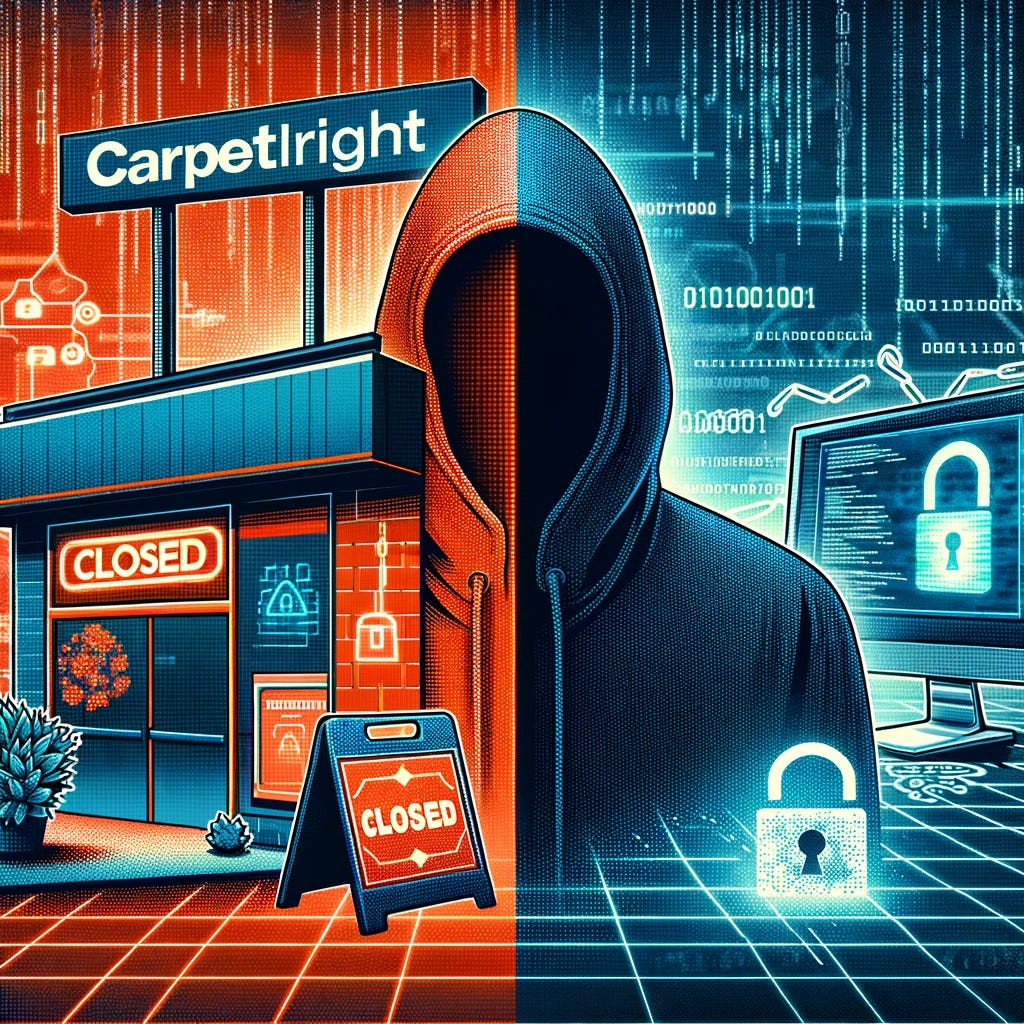 A split-screen graphic for an article on a cyberattack. Left Side: A graphic representation of a Carpetright store with a 'closed' sign symbolizing operational disruptions, depicted in bright colors like red or orange. Right Side: A digital-themed backdrop featuring a silhouette of a hacker with a hood, a computer screen displaying code, and a padlock symbol to represent data breach and security, depicted in dark blues and grays. Additional elements include broken chains, a firewall with cracks, and faint binary code in the background. The Carpetright logo with digital glitch effects is included at the top or bottom of the graphic.