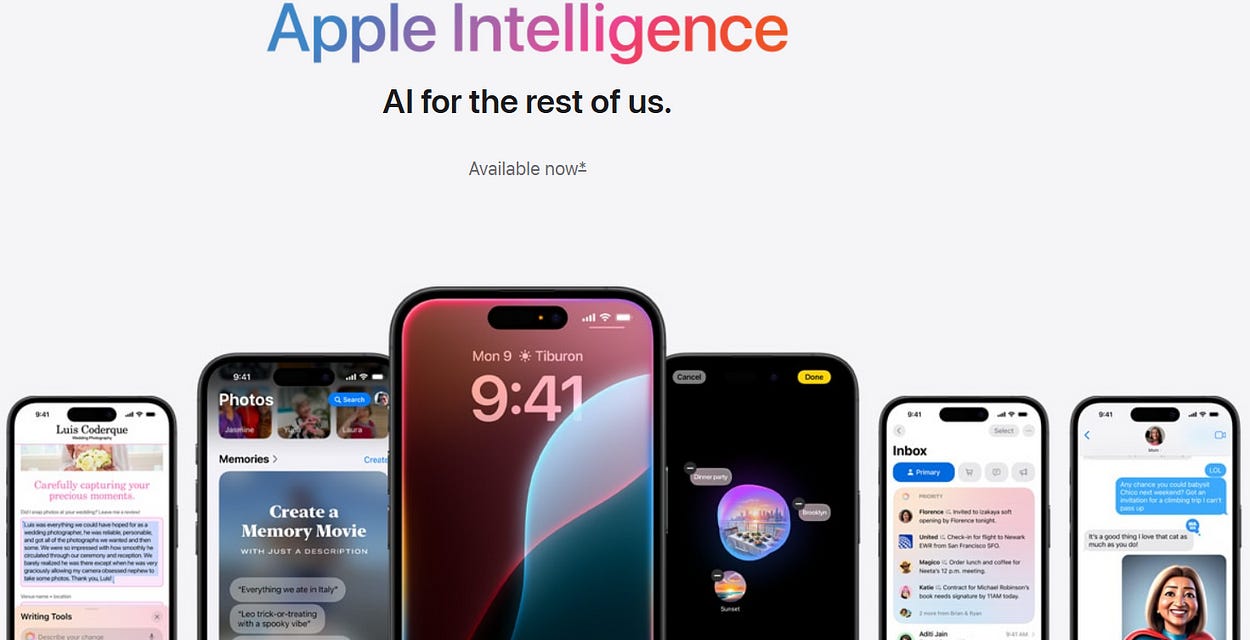 Image of several iPhones. Above it in rainbow colors are the words: “Apple Intelligence: AI for the rest of us.”