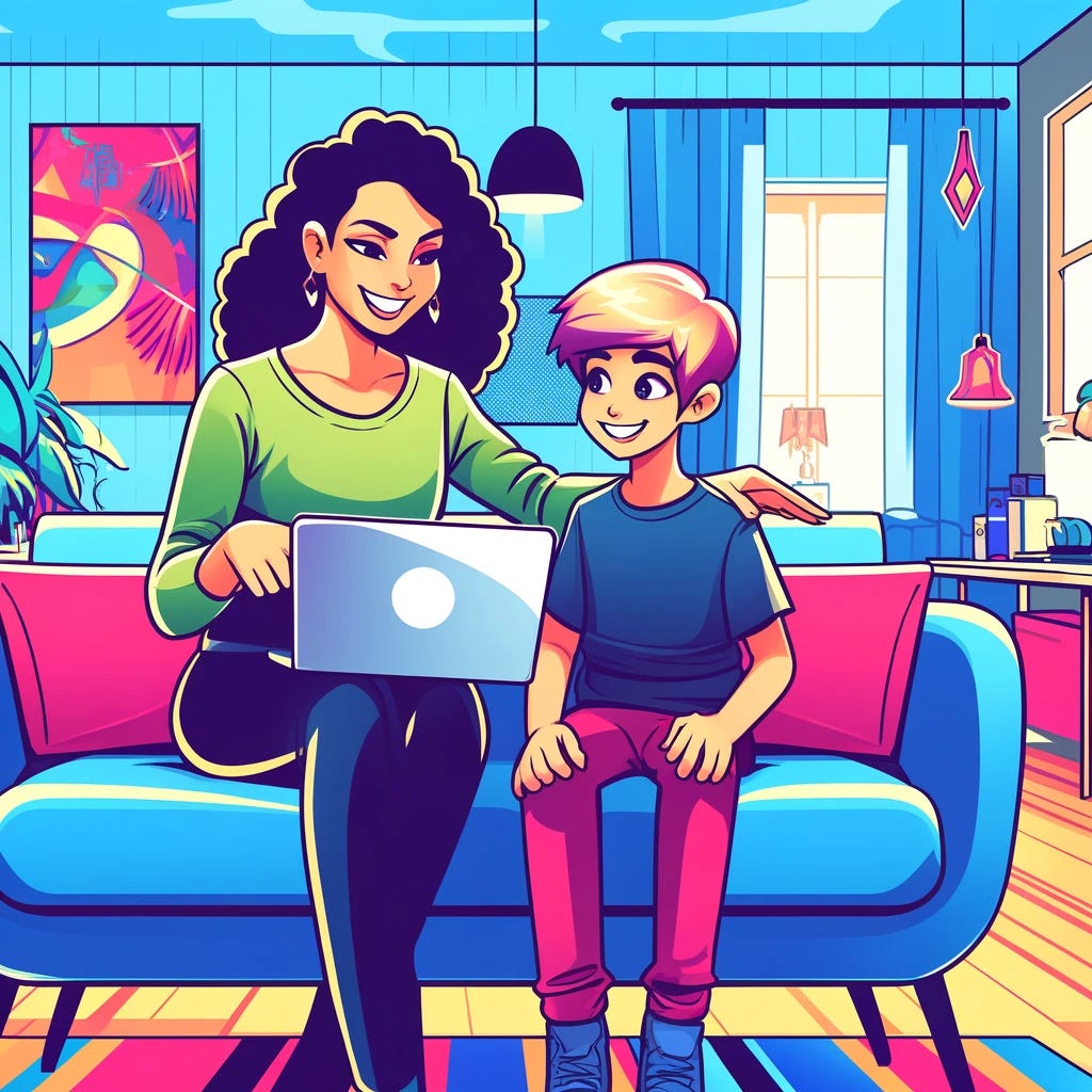 A vibrant and friendly modern cartoon-style image of a home setting with a dynamic and stylish living room. A middle-aged Hispanic woman, appearing as a parent in her 40s, is mentoring a Caucasian boy around 12 years old. They are sitting on a comfortable couch, with a futuristic laptop open in front of them. The woman is smiling broadly, creating a warm and engaging atmosphere. The room is decorated with vibrant colors and modern, unconventional decor like abstract art and quirky sculptures. The style is cool and contemporary, emphasizing a positive mentoring moment in technology and AI.