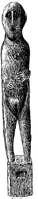 Black and white sketch of tall narrow wooden figure with pebbles for eyes, slightly gaping mouth, barest representation of arms with hands across abdomen, , prominent vulva, knees slightly bent, mounted in a block of wood at ankles.