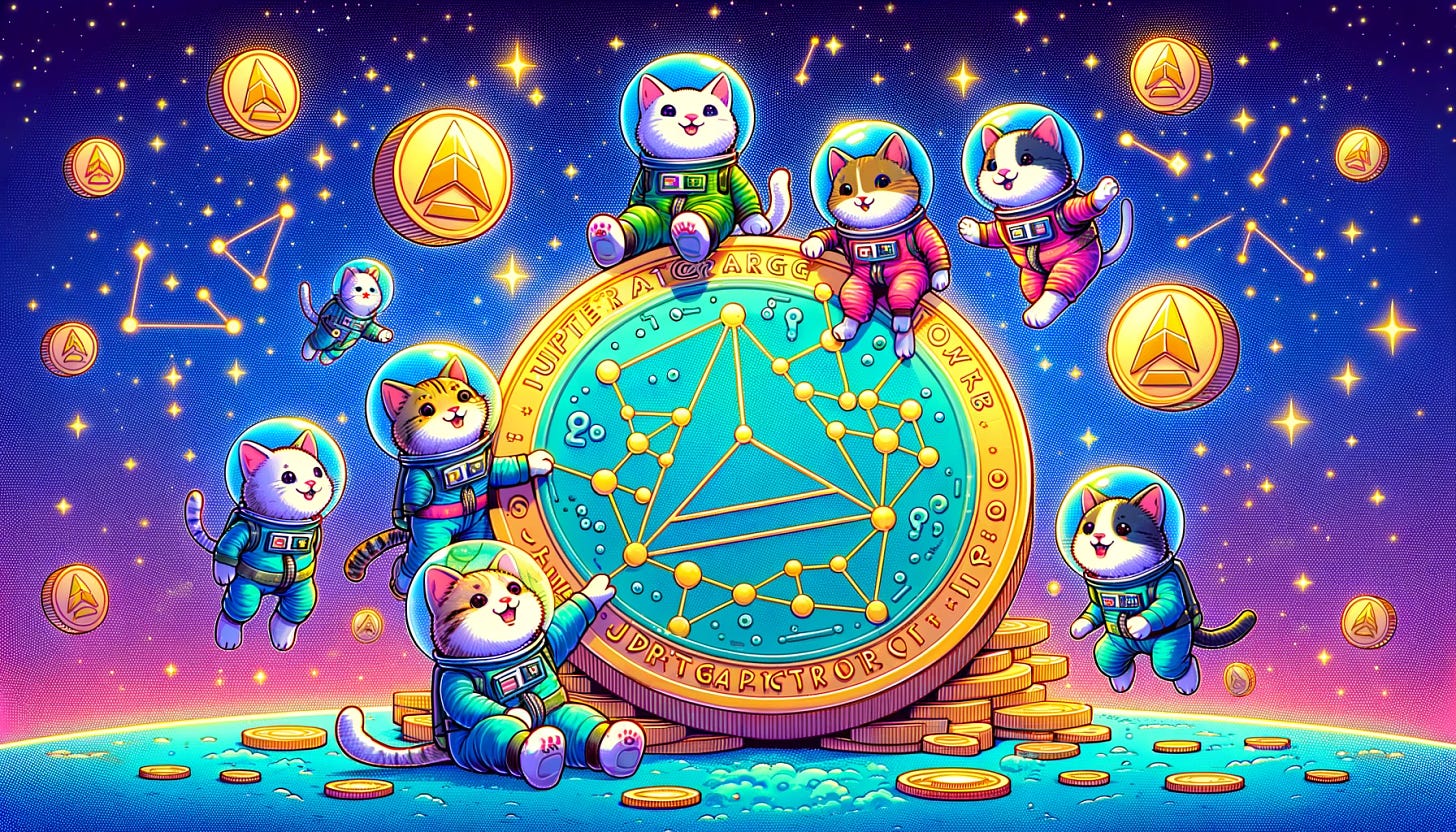 A whimsical, cartoon-style horizontal cover image for a blog post about cryptocurrency airdrops, focusing on cats in space costumes. The image should feature playful cats dressed in colorful space suits, floating around a giant coin inscribed with 'Jupiter Aggregator'. The cats are playfully interacting with digital symbols and blockchain elements, like nodes and connecting lines, in a fun, imaginative way. The background is a wide starry space scene, adding to the whimsical and adventurous theme. The image should be vibrant, engaging, and appealing to a broad audience, reflecting a light-hearted take on the topic of cryptocurrency, in a horizontal format.