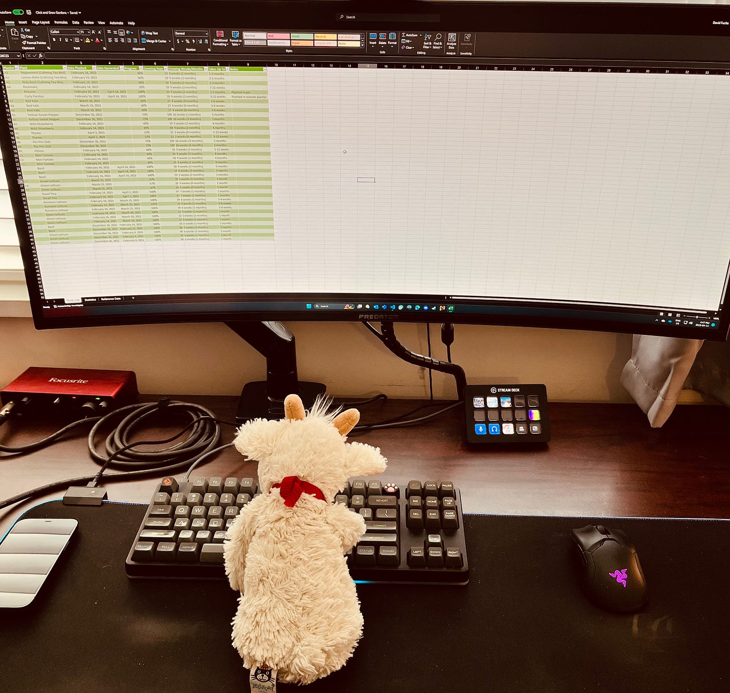 A stuffed white goat sits in front of a PC computer, with a spreadsheet open in front of him