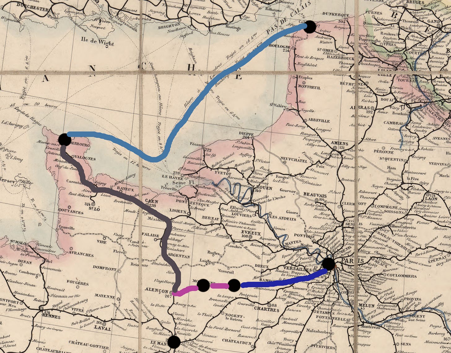 The route this letter took from Paris to Calais