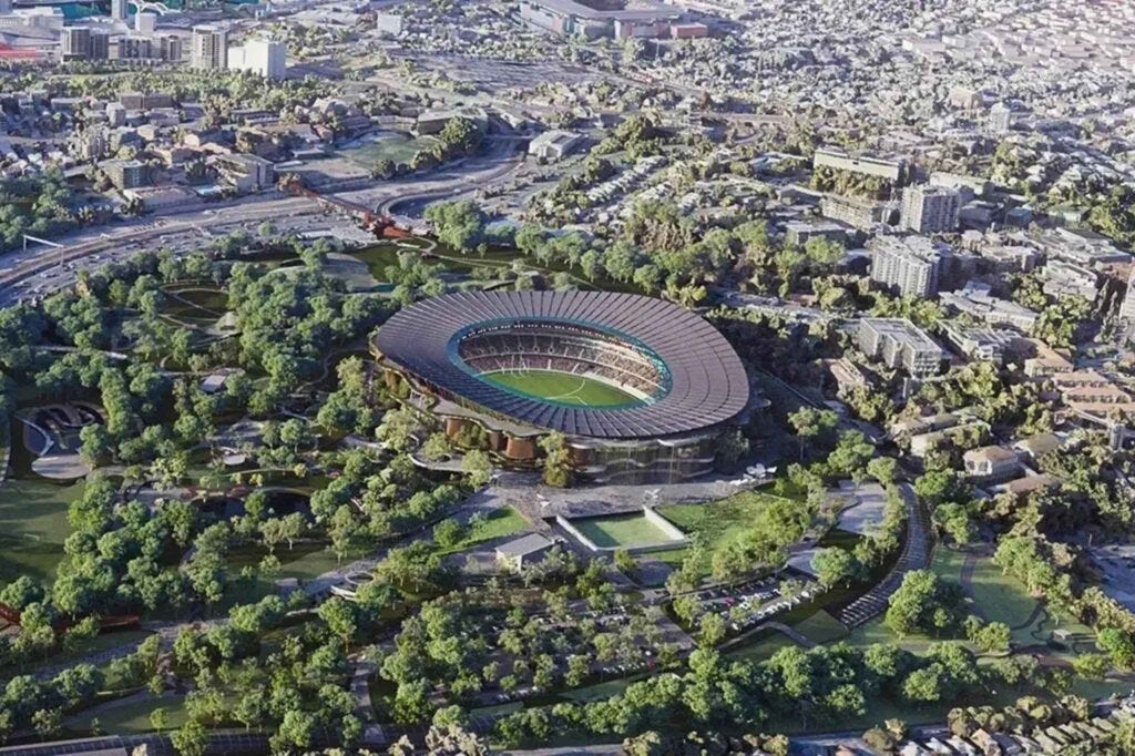 Concept of the 63,000-seat Olympic Stadium planned for Victoria Park, set to host athletics and the opening and closing ceremonies.