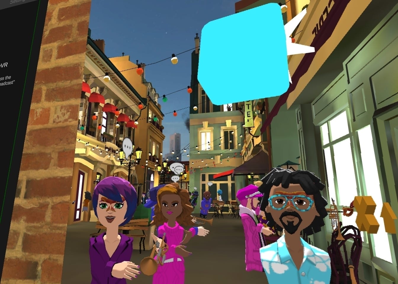 Image of ArmaniXR in AltspaceVR during a Mardi Gras event.