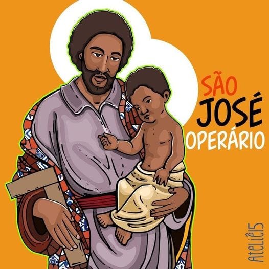 Imagem de um homem carregando uma criança em um braço e um esquadro na outra mão, simbolizando São José Operário carregando o Menino Jesus no colo.