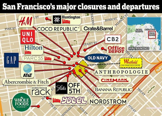 A map reveals the major businesses which have left, or plan to leave, San Francisco in recent months