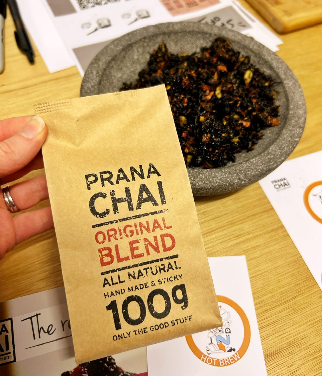 Prana Chai packaging and loose leaf tea and spice mix