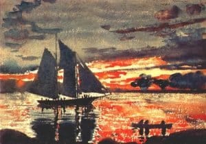 silhouette of a three sailed sail boat with a grey cloudy sky, the bottom of the sky and reflection in the still ocean water is deep orange and yellow, this is a painting by Winslow Homer
