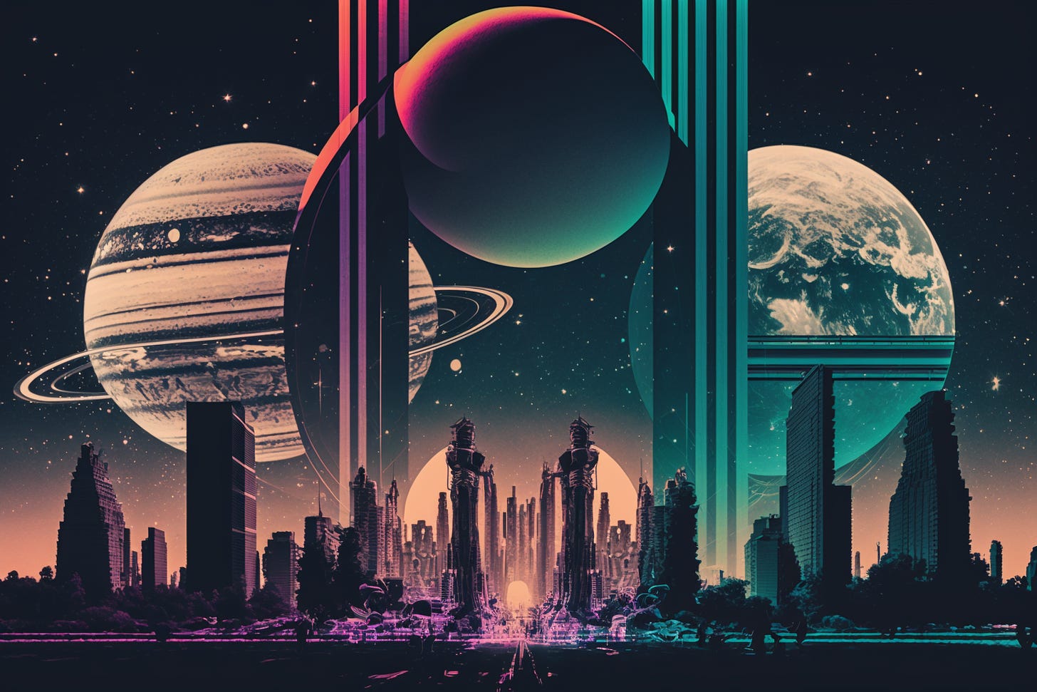 Midjourney-generated image of multiple planets looming over giant futuristic city with large abstract lines crossing the image