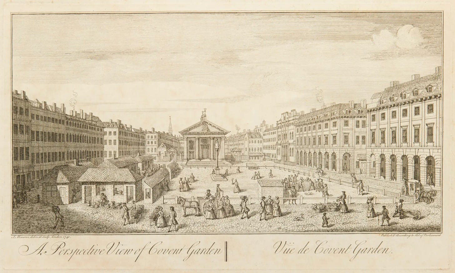 You see towering buildings on either side, surrounding the square. Peddlers sell their wares, a small gathering cheers as two men face off in a boxing match, people chatter, and others go about their day. The view looks west towards St. Paul's Church.