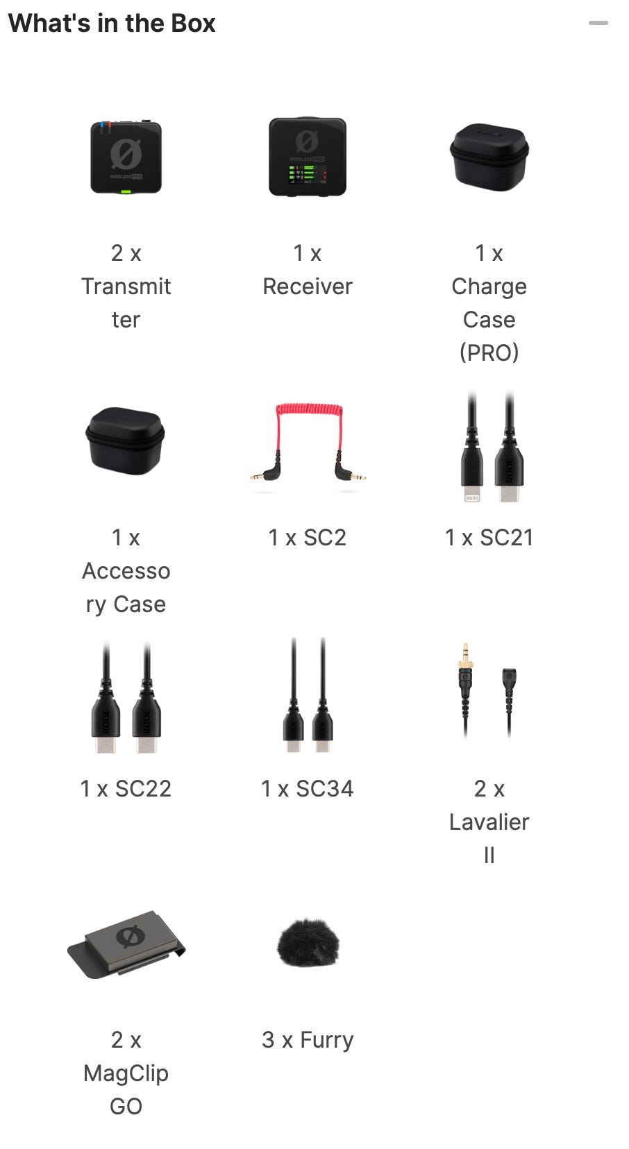 Listado de los accesorios que traen los RØDE Wireless Pro