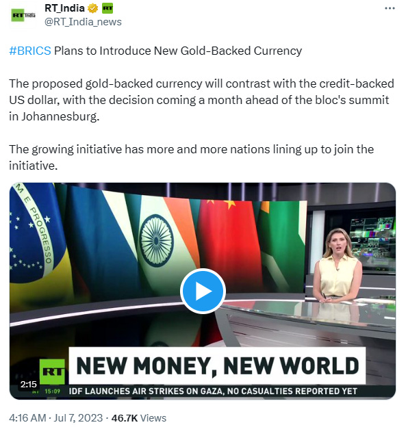 tweet about BRICS currency by Russia Today India