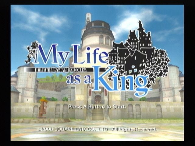 A screenshot of the title screen of Final Fantasy Crystal Chronicles: My Life as a King. It shows the game's (very large and wordy) logo in in front of a castle in the background. The city is empty otherwise at this point, as it hasn't been built up yet.