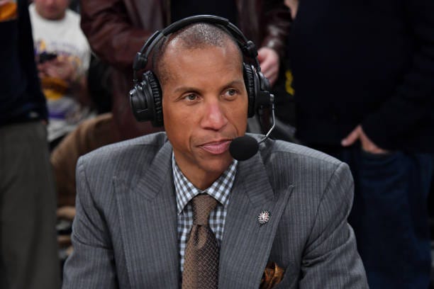 Reggie Miller broadcasts the basketball game between the Los Angeles Lakers and the Denver Nuggets at Crypto.com Arena on February 08, 2024 in Los...