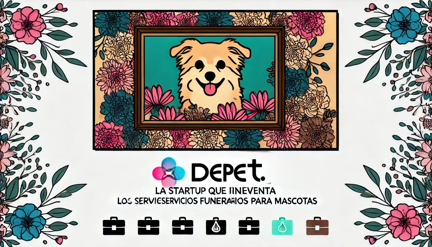 A stylized rectangular image featuring a cute dog framed in a picture, surrounded by many flowers, representing 'Depet: La Startup que Reinventa los Servicios Funerarios para Mascotas.' The image should convey tenderness, with the dog placed in a beautiful frame and surrounded by soft, vibrant flowers. Incorporate elements of the startup theme, such as a business briefcase or investment symbols subtly included in the background. Ensure the correct name 'DEPET' is visible, fixing any incorrect spelling in the image.