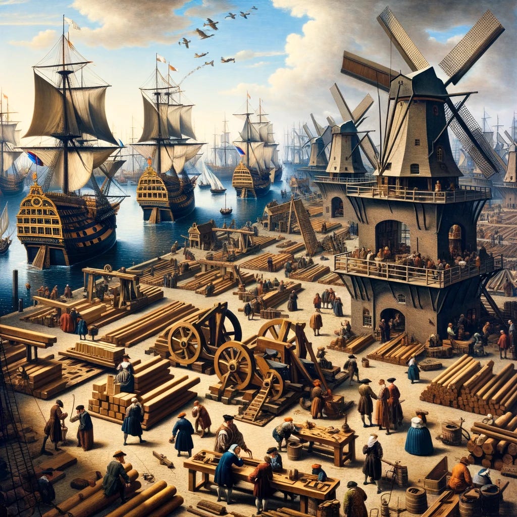 Oil painting in 17th-century Dutch style, focusing on the shipyards at the height of the Dutch Golden Age. The painting showcases a bustling scene with ships at different stages of construction, symbolizing the era's maritime power. Foreground elements include innovative wind-powered sawmills with active sails and timber being sawn, surrounded by workers of various descents and genders. In the backdrop, the extensive docks meld into the horizon line where the sea meets the sky, symbolizing the reach of Dutch trade. The painting captures the spirit of the age with affluence and cultural achievements, featuring merchants of different descents in conversation, artisans in their workshops, and the formidable Dutch fleet ready for the ocean.